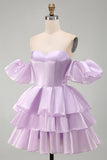 Off the Shoulder Lilac A-Line Tiered Ruffled Short Homecoming Dress with Lace Up Back