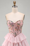 Pink Sweetheart Corset Basque Waist Tiered Ruffled Homecoming Dress with Sequins