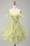 A-Line Yellow Green Off the Shoulder Floral Short Homecoming Dress with Ruffles