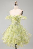 A-Line Yellow Green Off the Shoulder Floral Short Homecoming Dress with Ruffles