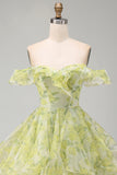 A-Line Yellow Green Off the Shoulder Floral Short Homecoming Dress with Ruffles