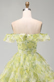 A-Line Yellow Green Off the Shoulder Floral Short Homecoming Dress with Ruffles