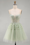 Strapless A-Line Dusty Sage Corset Floral Ruffled Homecoming Dress with Beading