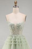Strapless A-Line Dusty Sage Corset Floral Ruffled Homecoming Dress with Beading