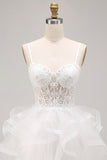 White A-Line Sheer Corset Floral Lace Up Back Short Homecoming Dress with Ruffles