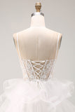 White A-Line Sheer Corset Floral Lace Up Back Short Homecoming Dress with Ruffles