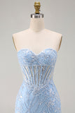 Blue Sweetheart Sheer Corset Bodycon Sequins Short Homecoming Dress with Appliques