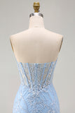 Blue Sweetheart Sheer Corset Bodycon Sequins Short Homecoming Dress with Appliques