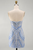 Sparkly Strapless Blue Bodycon Sequins Short Homecoming Dress with Beading