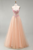 Champagne A-Line Tulle Sheer Corset Floral Long Prom Dress with Lace Up Back