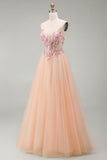 Champagne A-Line Tulle Sheer Corset Floral Long Prom Dress with Lace Up Back