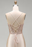 Champagne Mermaid Satin Corset Beaded Long Prom Dress with Slit