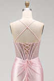Satin Beaded Pink Corset Ruched Mermaid Long Prom Dress with Side Slit