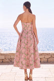 Pink Flower Strapless A-Line Jacquard Midi Dress