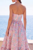 Dark Green Strapless A-Line Jacquard Midi Floral Dress with Ruffles