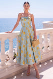 A-Line Jacquard Blue Strapless Floral Midi Dress