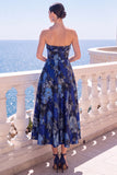 A-Line Jacquard Blue Strapless Floral Midi Dress