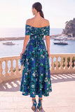 Navy Green Flower Off the Shoulder A-Line Midi Dress with Lace Up Back