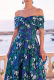 Navy Green Flower Off the Shoulder A-Line Midi Dress with Lace Up Back