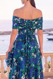 Navy Green Flower Off the Shoulder A-Line Midi Dress with Lace Up Back