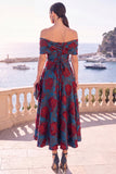 Navy Green Flower Off the Shoulder A-Line Midi Dress with Lace Up Back