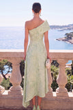 Green A-Line Jacquard Asymmetrical Midi Floral Dress