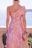Green A-Line Jacquard Asymmetrical Midi Floral Dress