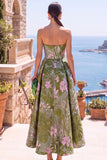 Olive Sweetheart A-Line Jacquard Ruched Floral Midi Dress