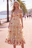 Off the Shoulder Red Flower A-Line Tulle Midi Dress with Appliques