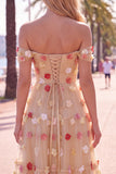 Off the Shoulder Red Flower A-Line Tulle Midi Dress with Appliques