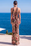 Mermaid Green Velvet Halter Neck Ruched Maxi Floral Dress