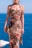 Mermaid Green Velvet Halter Neck Ruched Maxi Floral Dress