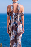 Mermaid Green Velvet Halter Neck Ruched Maxi Floral Dress