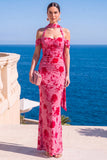Mermaid Green Velvet Halter Neck Ruched Maxi Floral Dress