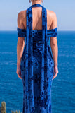 Mermaid Green Velvet Halter Neck Ruched Maxi Floral Dress