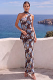 One Shoulder Mermaid Orange Maxi Floral Dress