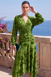 Green A-Line Velvet V-Neck Asymmetrical Ruched Midi Floral Dress with Long Sleeves