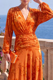 Green A-Line Velvet V-Neck Asymmetrical Ruched Midi Floral Dress with Long Sleeves