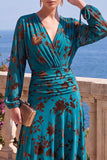 Green A-Line Velvet V-Neck Asymmetrical Ruched Midi Floral Dress with Long Sleeves