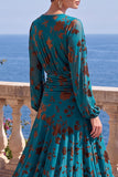 Green A-Line Velvet V-Neck Asymmetrical Ruched Midi Floral Dress with Long Sleeves