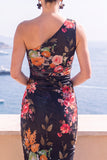 Blue Flower One Shoulder Bodycon Midi Dress