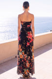 Strapless Coffee A-Line Ruched Chiffon Maxi Floral Dress