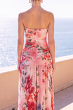 Strapless Coffee A-Line Ruched Chiffon Maxi Floral Dress