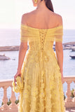 Off the Shoulder Blue A-Line Midi Floral Dress with Lace Up Back