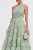 Blue A-Line One Shoulder Floral Midi Dress with Beading