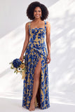 Blue Square Neck Velvet Corset Floral Ruched Long Bridesmaid Dress with Slit
