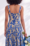 Blue Square Neck Velvet Corset Floral Ruched Long Bridesmaid Dress with Slit