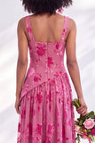 Blue Square Neck Velvet Corset Floral Ruched Long Bridesmaid Dress with Slit