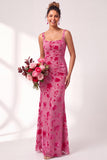 Mermaid Square Neck Velvet Floral Ruched Long Bridesmaid Dress