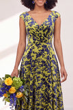 Black Silver Flower Velvet Ruched Long Bridesmaid Dress with Cap Sleeves